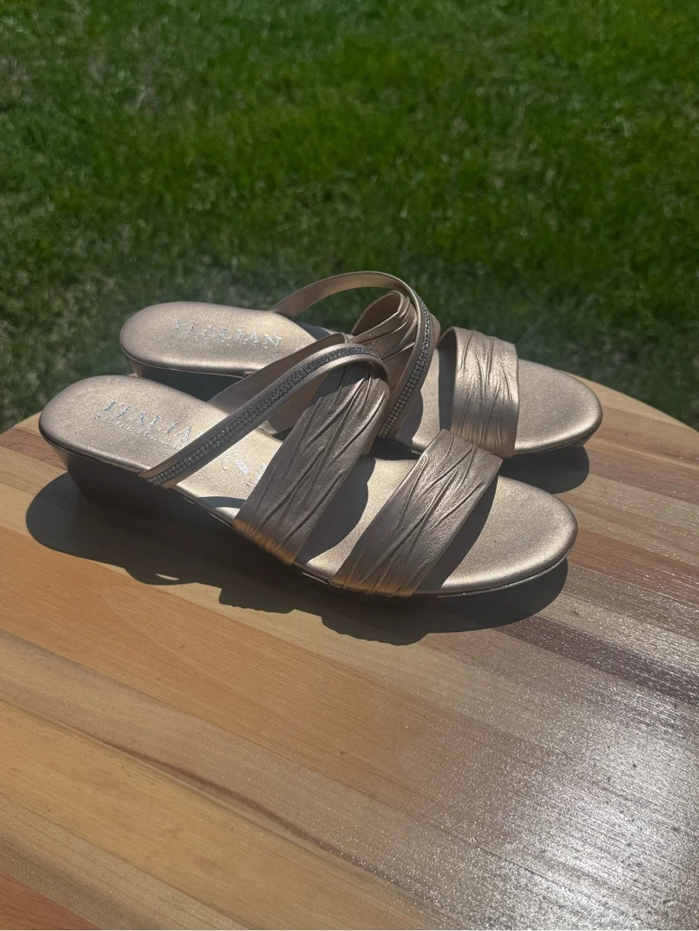Ladies Italian Shoemakers Platinum Wedge Slide Sandals